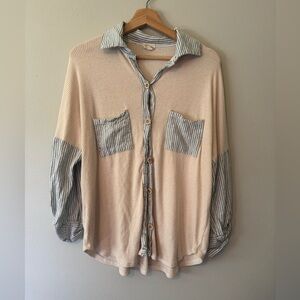 Lovely Melody Cream and Blue Button Down Shirt Relaxed Fit